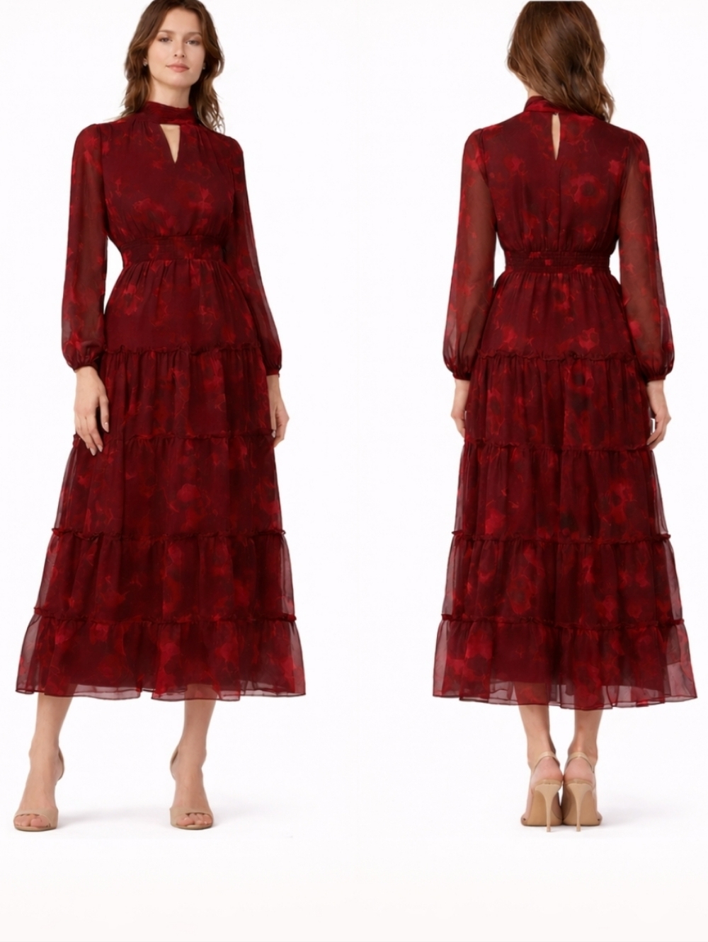 MSK Burgundy Floral Long Sleeve Mock Neck Keyhole Tiered Maxi Dress Large